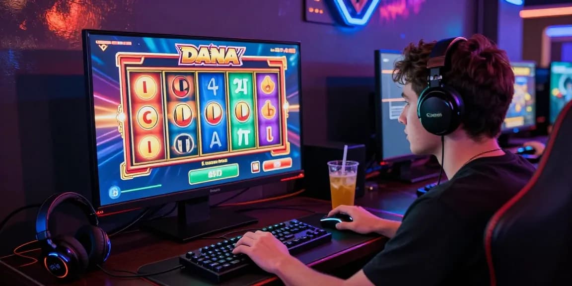 Engaged player enjoying slot dana game on a vibrant gaming setup.