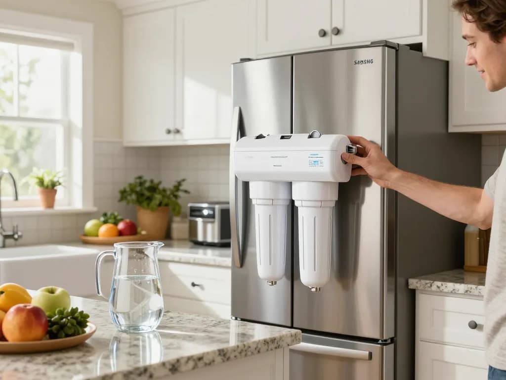 Installing Waterspecialist DA29-00003G Refrigerator Water Filter in a modern kitchen with fresh ingredients around.