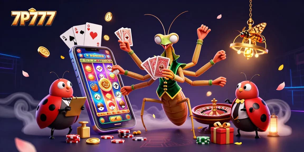 Experience thrilling 7P777 casino action with a vibrant illustration of a giant praying mantis and friends.