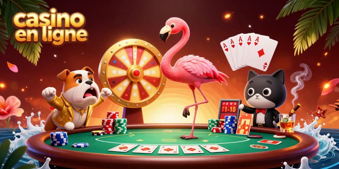Le casino en ligne propose une scène dynamique avec un animateur en flamant rose, un bulldog excité et un chat, remplie d'éléments de jeu.