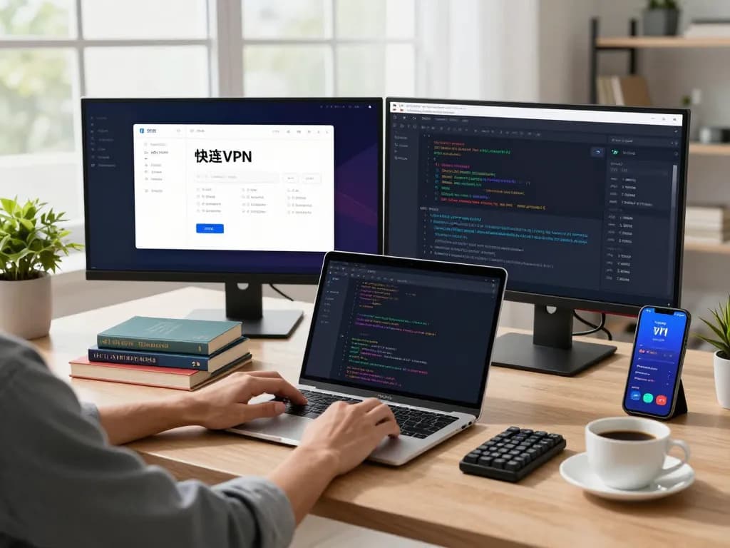 开发者在现代工作空间中使用快连 VPN，显示多个屏幕上的网络性能。