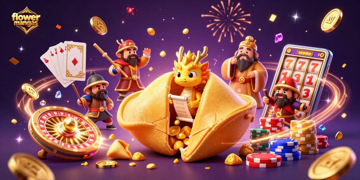 Engage in exhilarating gameplay at flowermangas featuring golden fortune cookies, shimmering coins, and vibrant cards.