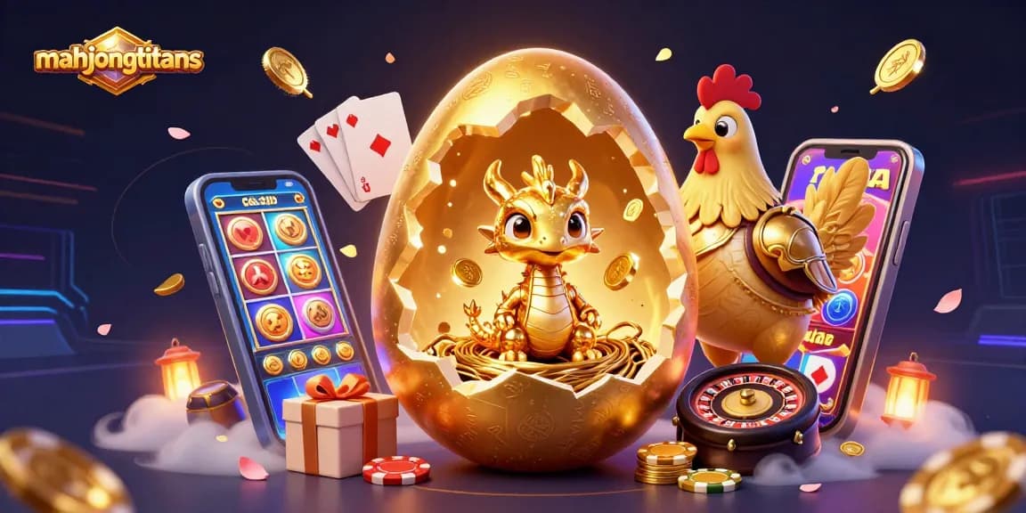 Engage with mahjongtitans in this fantastical illustration featuring a golden dragon and poker elements.