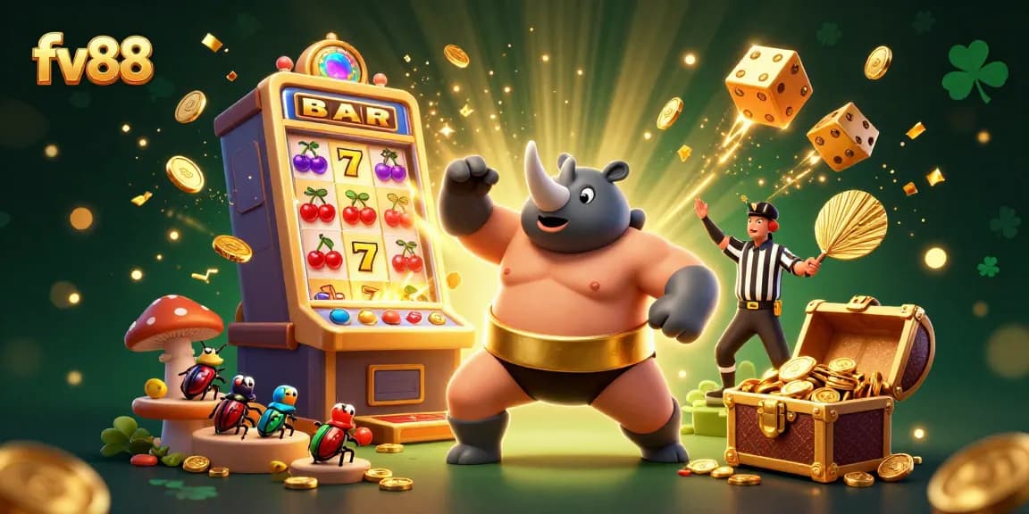 Experience the excitement at FV88 with a vibrant scene of a sumo beetle champion, jackpot slots, and golden coins flying.