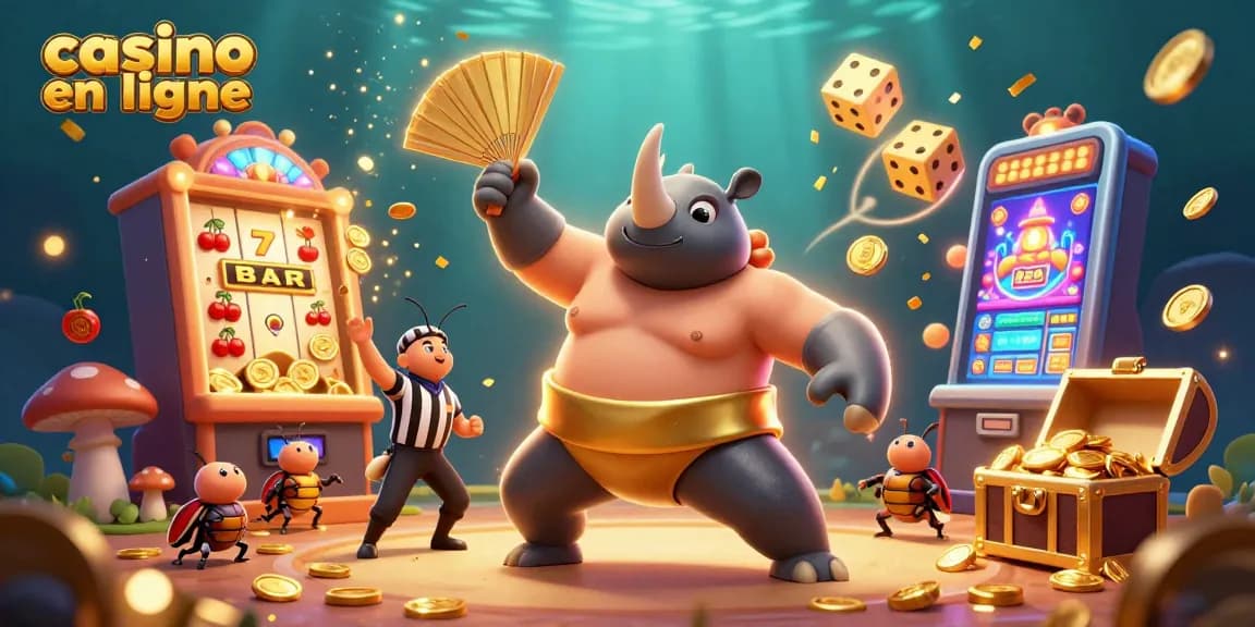 Casino en ligne animé avec un scarabée sumo envoyant des pièces d'or dans un décor vibrant.