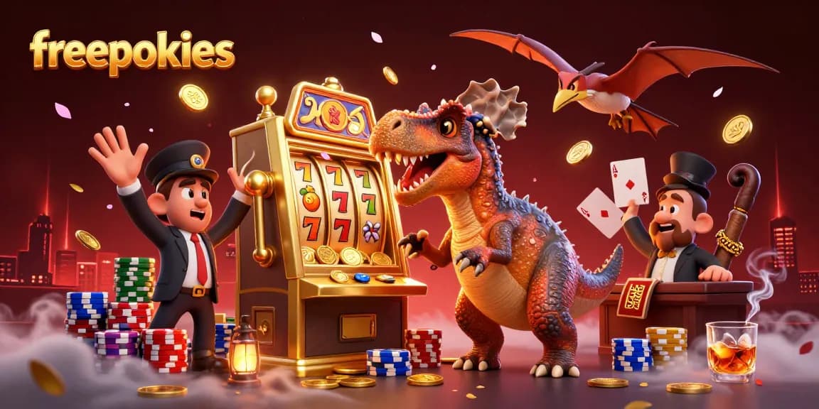 Experience freepokies fun as dinosaurs create jackpots amidst vibrant casino chaos.