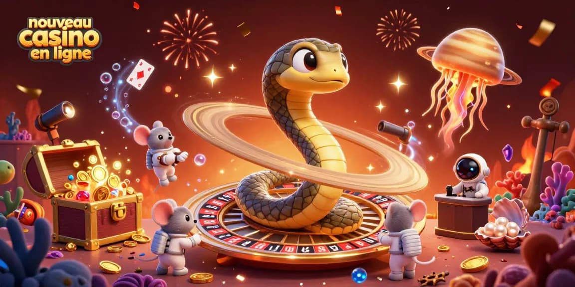 Découvrez les nouveaux casinos en ligne dans une scène dynamique de jeu, avec des personnages animés et des éléments ludiques.