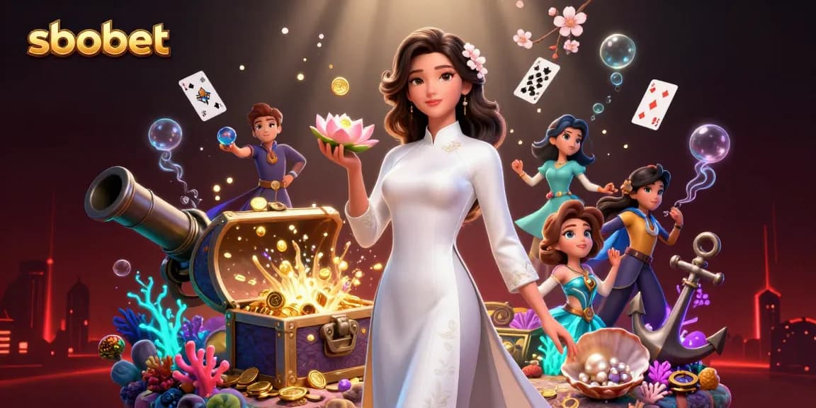 SboBet sports betting scene featuring an elegant Asian woman surrounded by casino elements like cards and treasure.