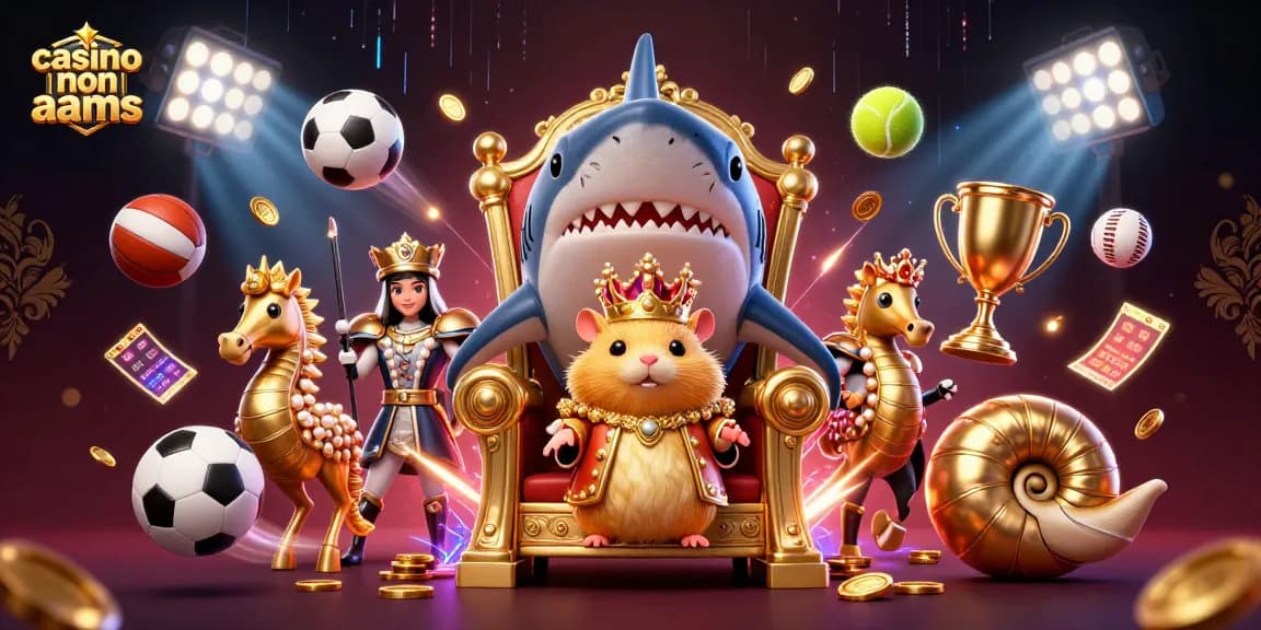 Giocare in un casino non AAMS con un re criceto d'oro mentre si festeggia con trofei e palloni volanti.