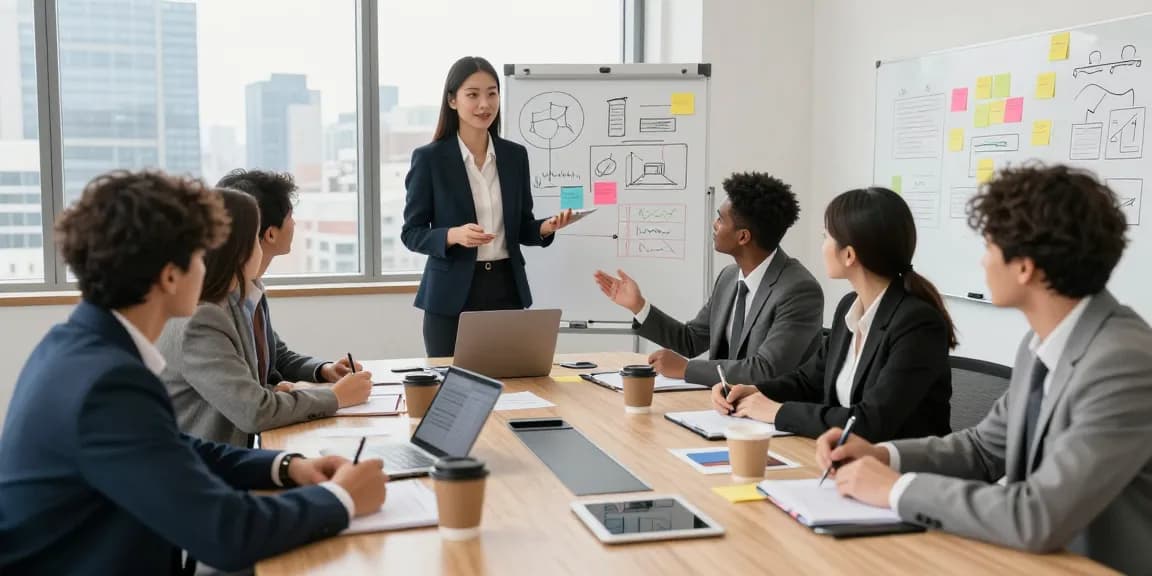 Self-employed consultant presenting in a vibrant office meeting, showcasing collaboration and innovation.