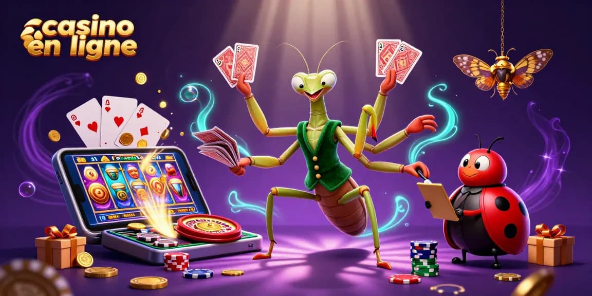 Découvrez le casino en ligne captivant avec des personnages animés autour de jeux de cartes et de gains.