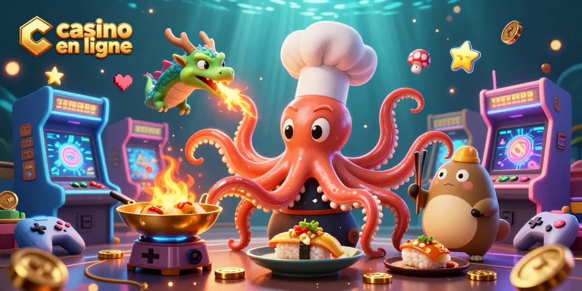 Illustration colorée représentant un casino en ligne avec un poulpe chef sushi et un dragon vert préparant des plats dorés.