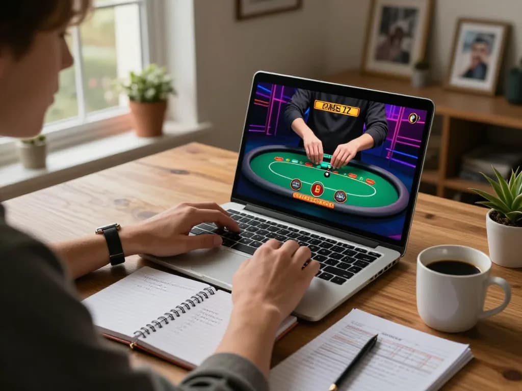 Player mastering poker strategies on digital platform 789 with cozy home environment for responsible gaming.