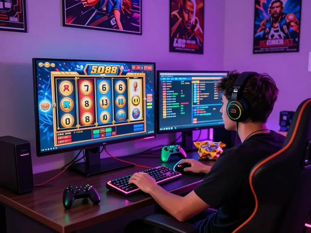 Gamer enjoying an exciting session of slot88 online game in immersive gaming setup.
