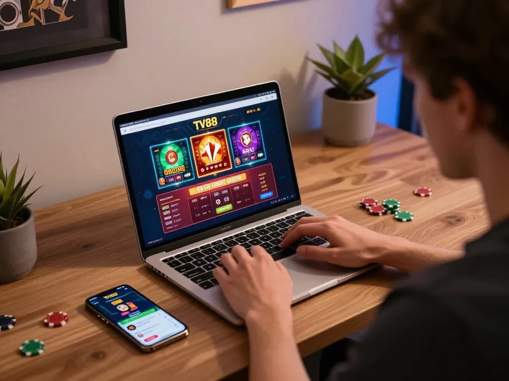 Player engaging with TV88 online casino interface on laptop, showcasing responsible gaming.