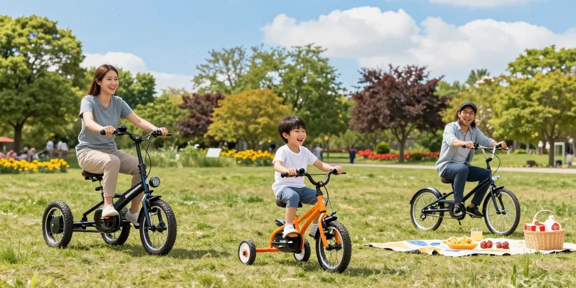 Family riding tricycles in the park, showcasing adult and kids' tricycles, emphasizing family fun and outdoor activities.