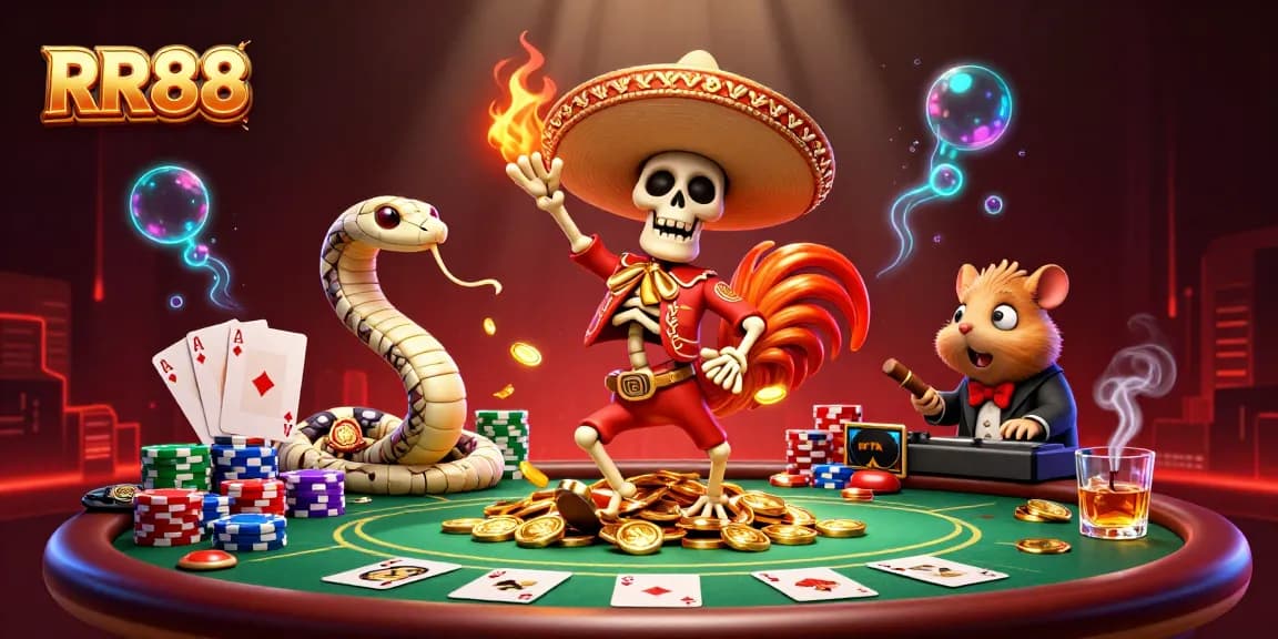 Experience thrilling RR88 games with a vibrant scene of colorful casino elements and characters.