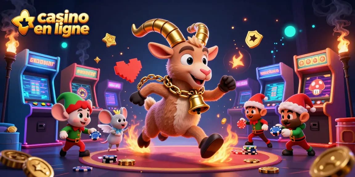 Gagnez au casino en ligne avec une scène festive et intrigante, mettant en avant un Krampus et des personnages ludiques.
