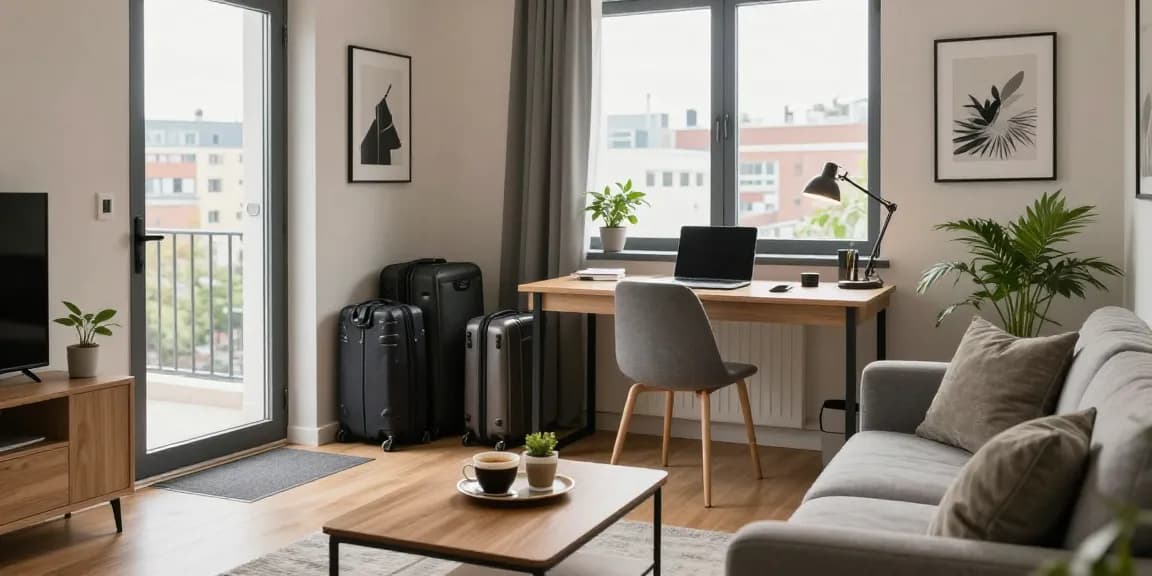 Gemütliche Monteurwohnung Hannover mit stilvollem Wohnbereich und Arbeitsplatz.