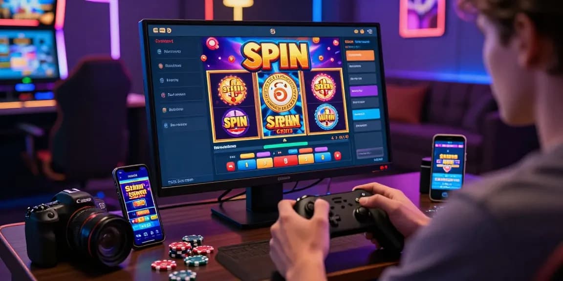 Engaging scene of a player enjoying spin million casino games at home with modern gaming setup.