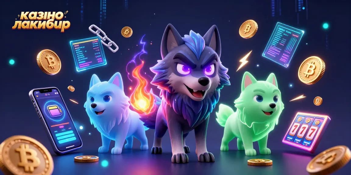 Engage with赌场 лакибир showcasing a shadow wolf leader amid vibrant casino elements and cryptocurrencies.