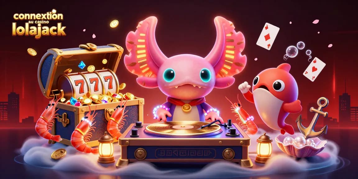 Profitez de la connexion au casino lolajack avec une illustration dynamique d'axolotl DJ, machines à sous, et trésors sous-marins.