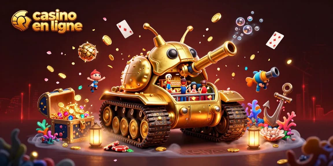 Illustration dynamique de casino en ligne avec tank doré et éléments de jeu vibrant.