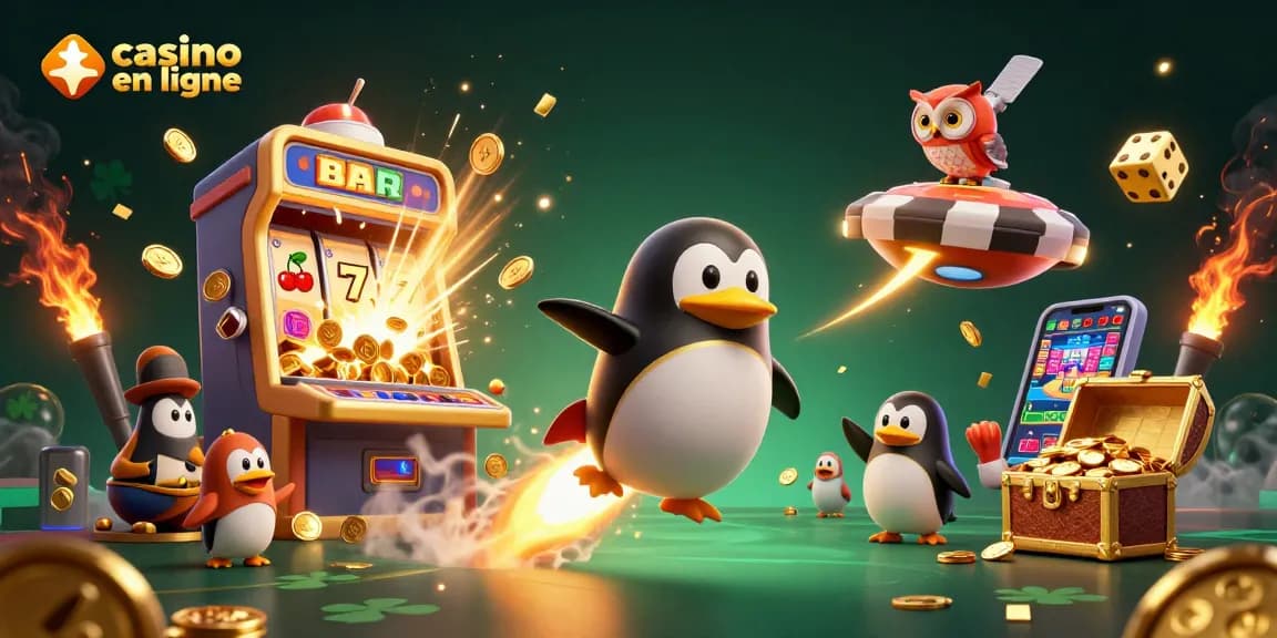 Casino en ligne : illustration 3D d'un pingouin doré pilotant une fusée au-dessus d'une machine à sous.