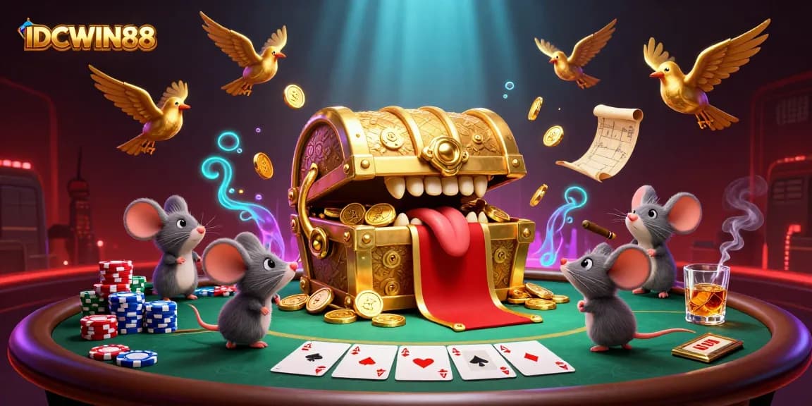 Engage with IDCWIN88's thrilling gameplay featuring a treasure chest, poker elements, and vibrant 3D visuals.