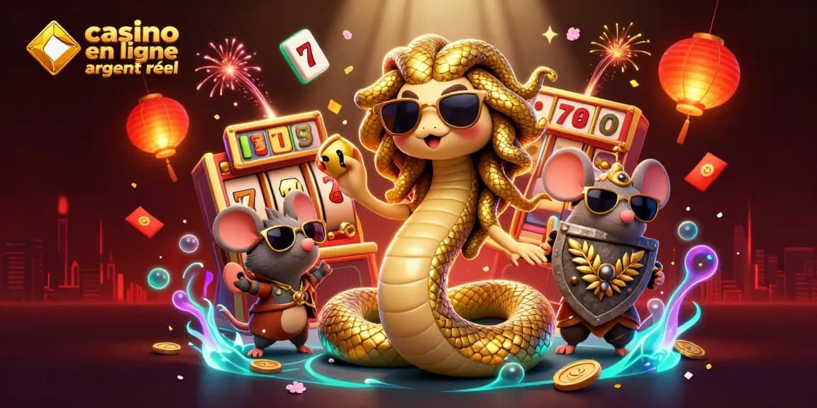 Cette illustration vibrante présente des éléments de casino en ligne argent réel avec des personnages amusants, des machines à sous et des décorations festives, invitant les joueurs à s'engager.