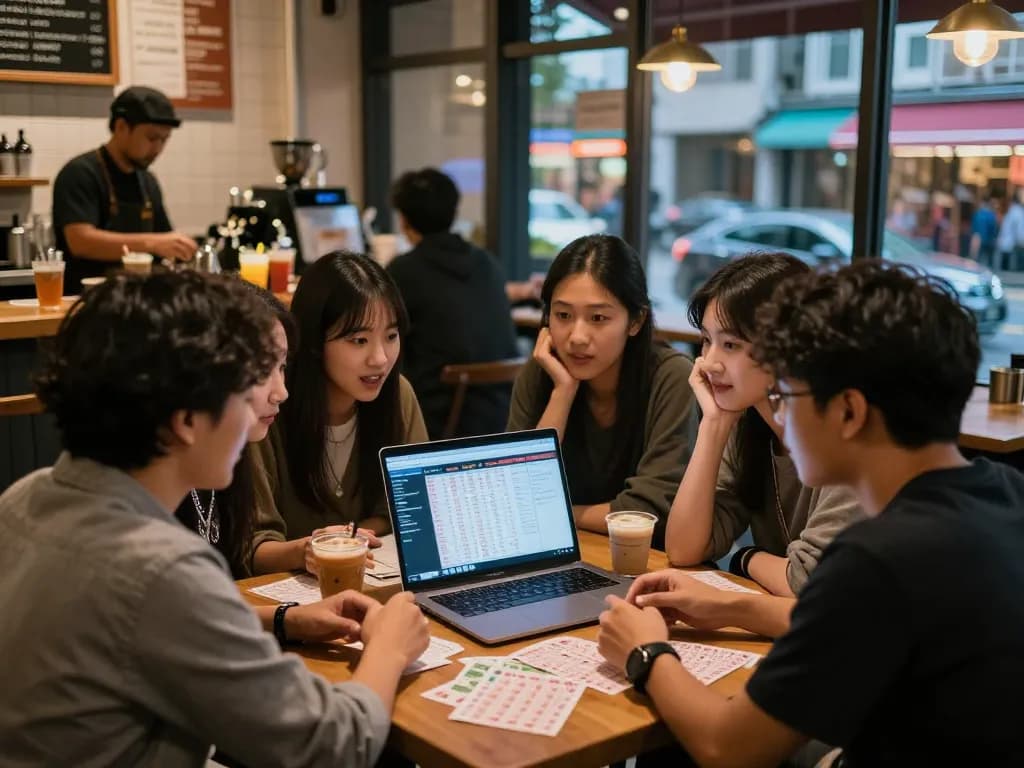 Friends discussing Data HK lottery results in a cozy coffee shop.