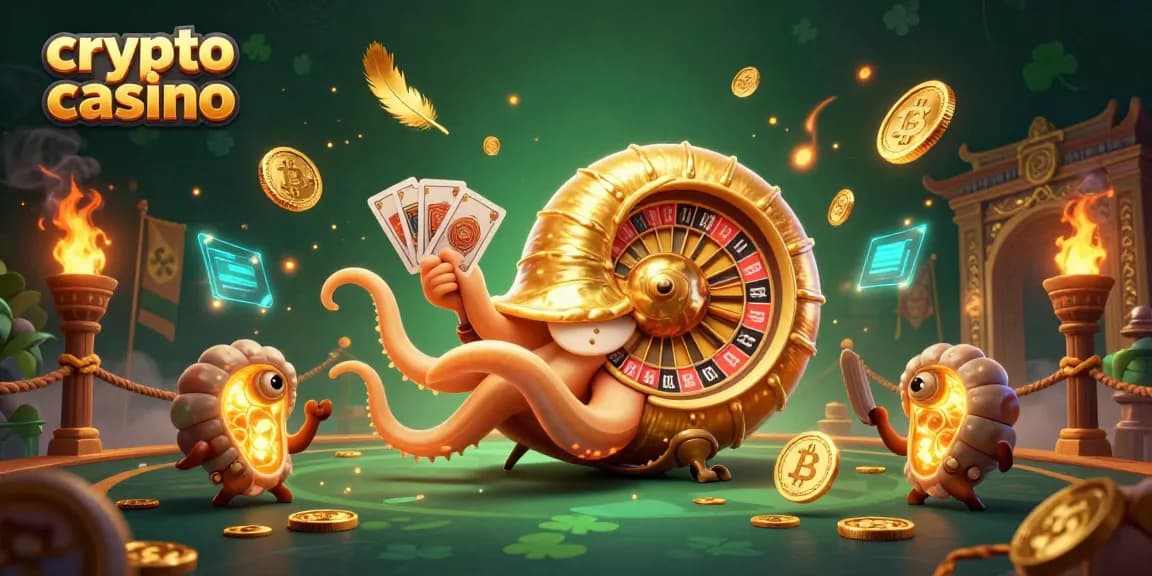 Rendez-vous au crypto casino avec une illustration dynamique d'un nautilus géant et des éléments 3D captivants.