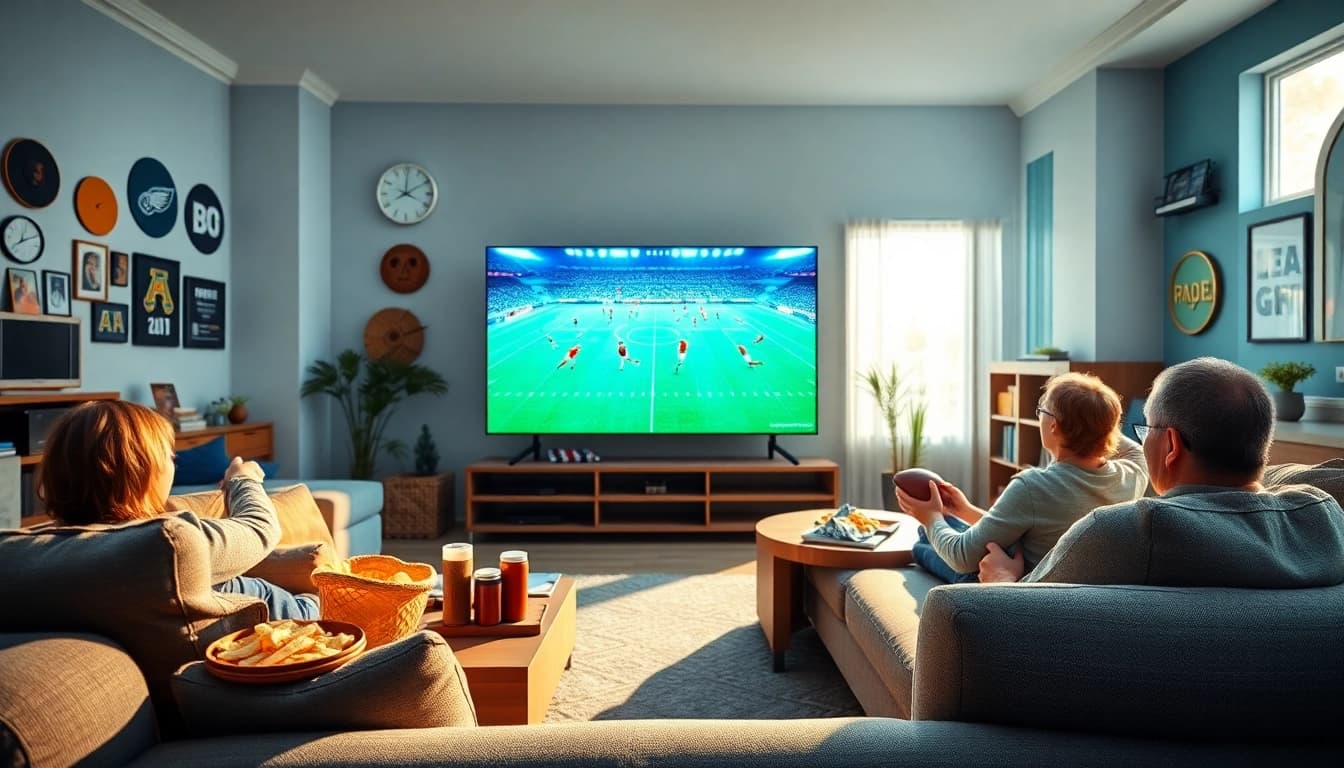 Menikmati pengalaman bolakami streaming di ruang tamu yang modern dengan layar besar.