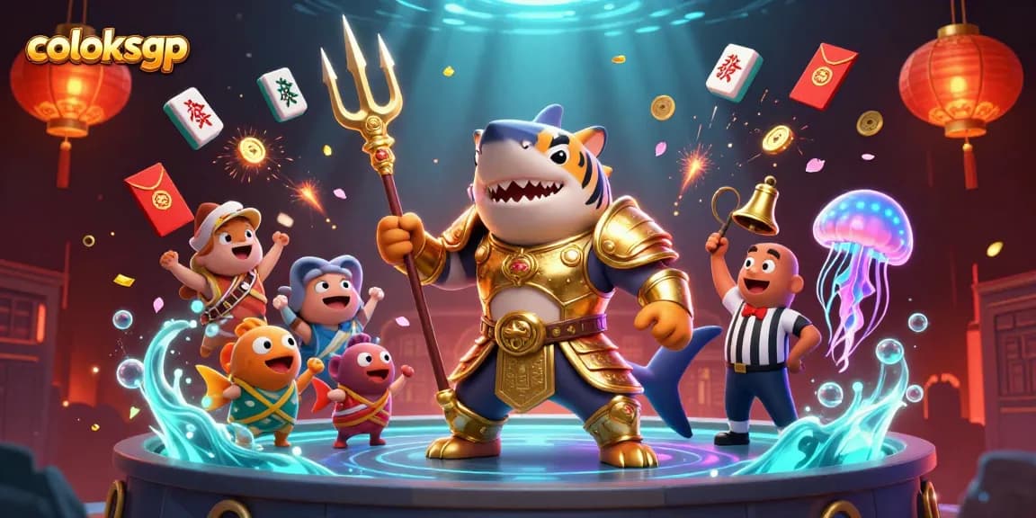 Bermain di coloksgp dengan petarung ikan hiu kartun berlapis emas, atmosfer kasino unik.