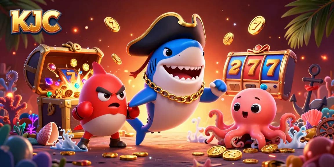 KJC players spin slot reels amidst treasure, showcasing vibrant casino excitement and fun.