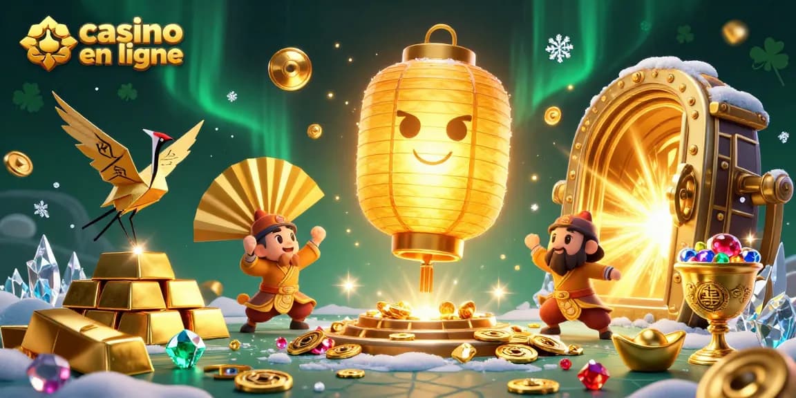Casino en ligne : Explorez une scène captivante de lanternes dorées et de trésors brillants.