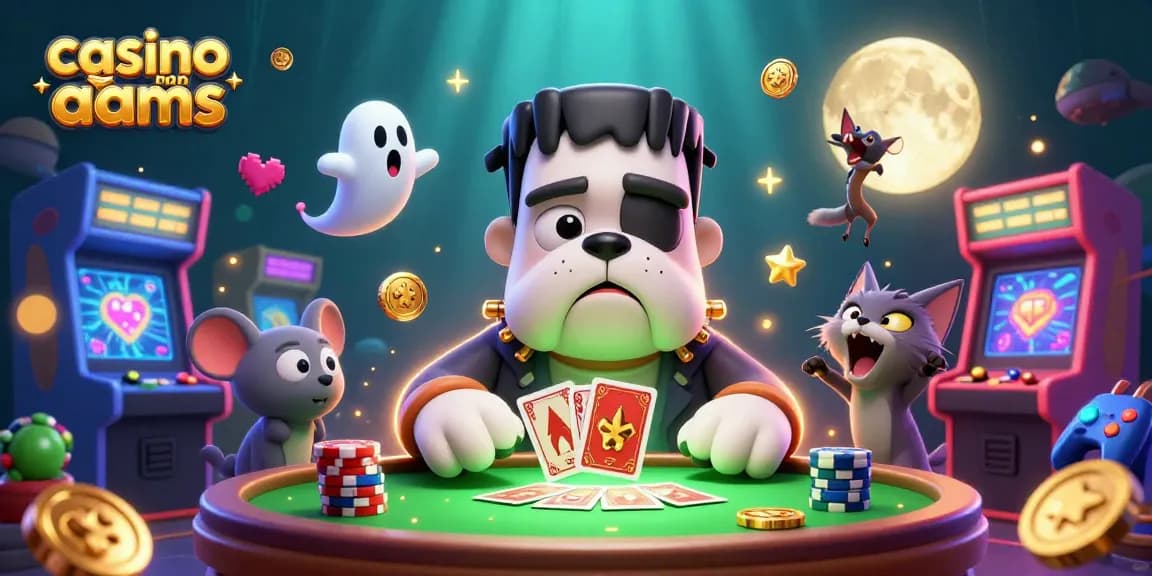 Gioca con casino non AAMS: Illustrazione 3D di un bulldog Frankenstein che distribuisce carte in un tavolo spaventoso.