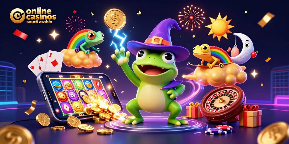 Win big at online casinos Saudi Arabia with a vibrant 3D illustration of a wizard frog and chameleon!