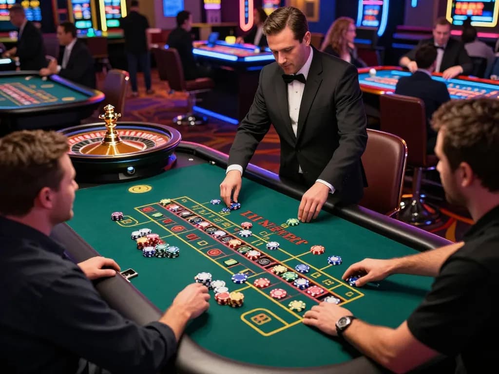 Experience alo8 excitement as a player places a bet at a lively roulette table in a vibrant casino.