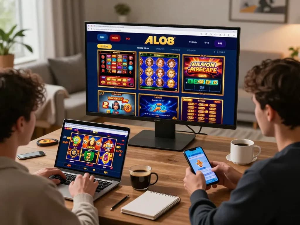 Players enjoying online gaming at ALO8 with vibrant interface and engaging slot machines.