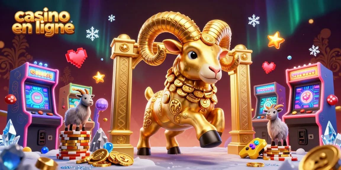 Visuel dynamique du casino en ligne, avec un bélier doré et des machines à sous colorées.