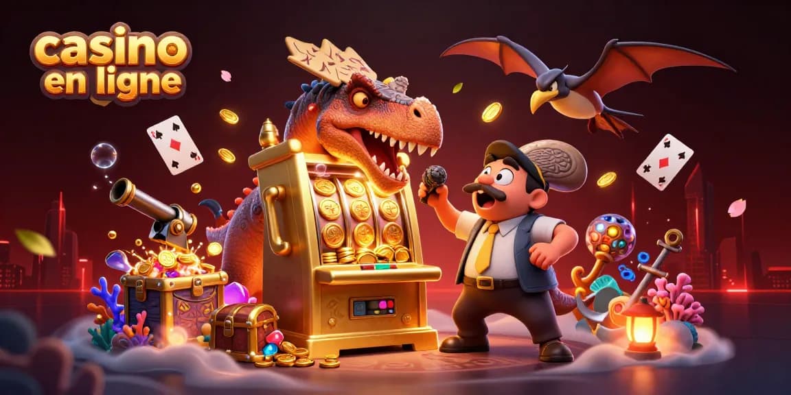 Casino en ligne : illustration 3D d'un pachycephalosaurus gagnant des jackpots, dans un casino vivant avec des éléments marins.