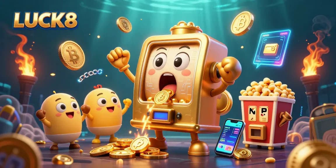 LUCK8 showcases a vibrant scene with a golden slot machine celebrating a jackpot, attracting bettors.