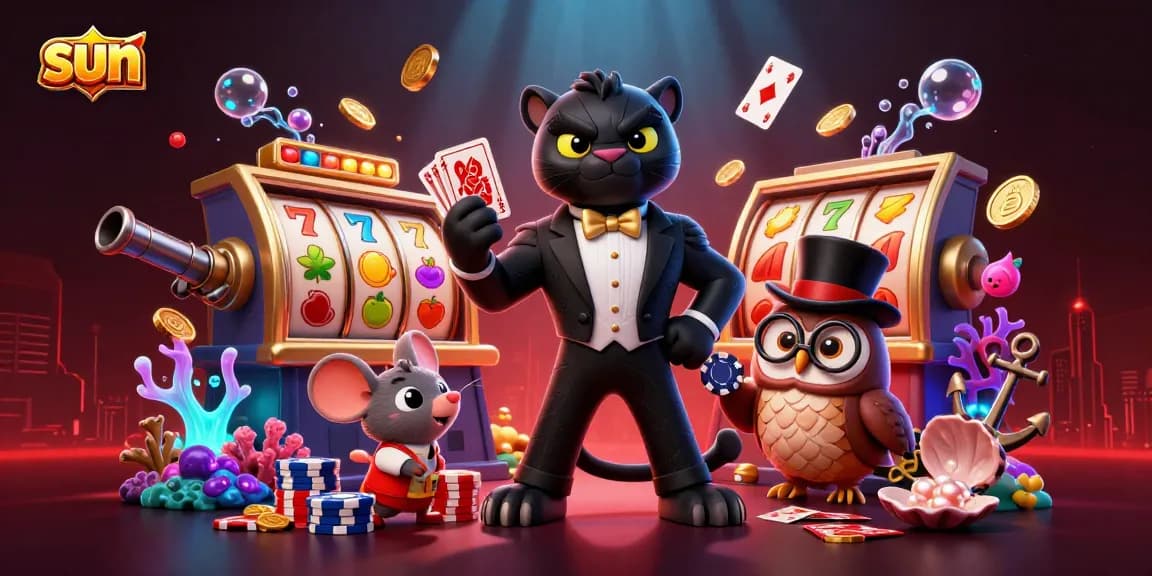 Enjoy thrilling slots with the sun-themed casino featuring a panther dealer, owl with chips, and vibrant game elements.