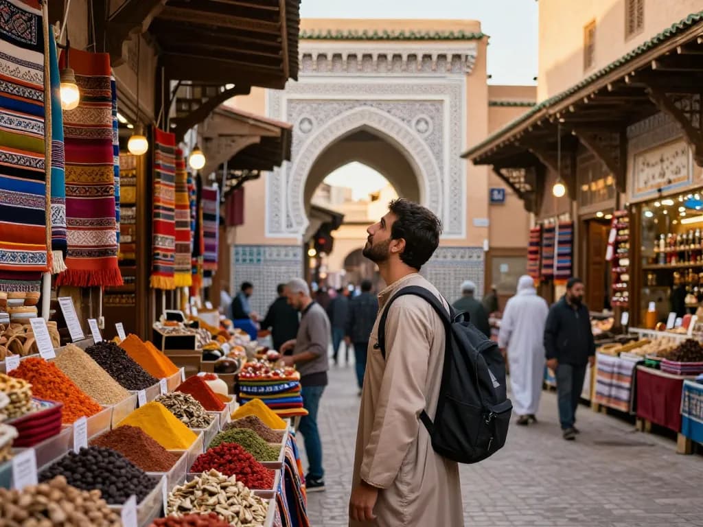 Engaging traveler exploring Medina's vibrant market, showcasing experiences with a top Morocco tour company.