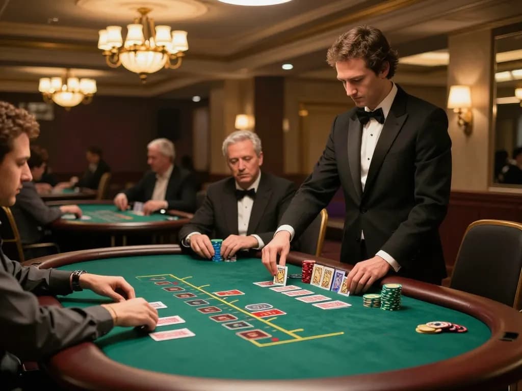 Engaged players at RR88's blackjack tables making strategic bets amidst vibrant casino atmosphere.