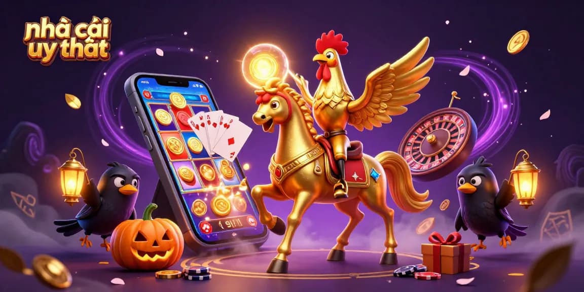 Experience the thrill of nhà cái uy tín with a golden rooster and spectral horse in a vibrant casino scene.