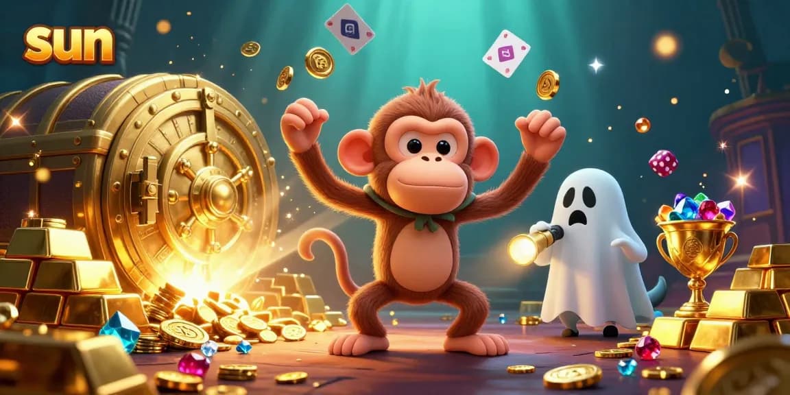 Experience the thrill as the sun shines down on a mischievous poltergeist monkey juggling golden casino treasures.