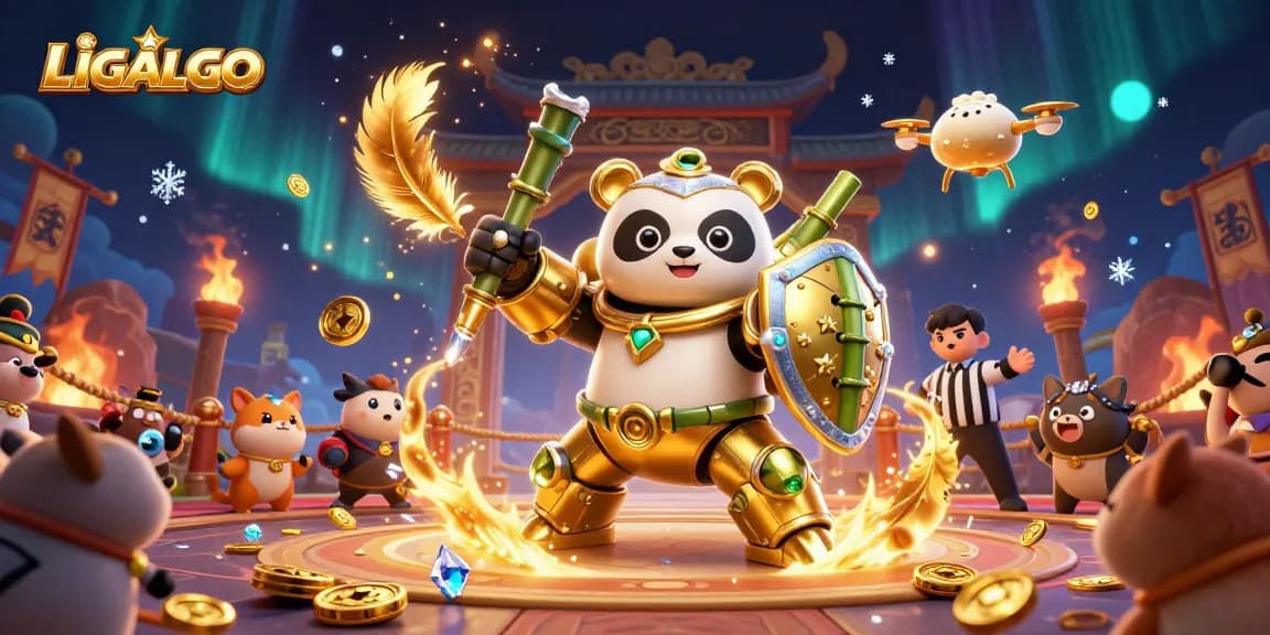 LIGALGO showcases a dynamic gambling arena with a mech-suit panda amidst gold coins and cheers.