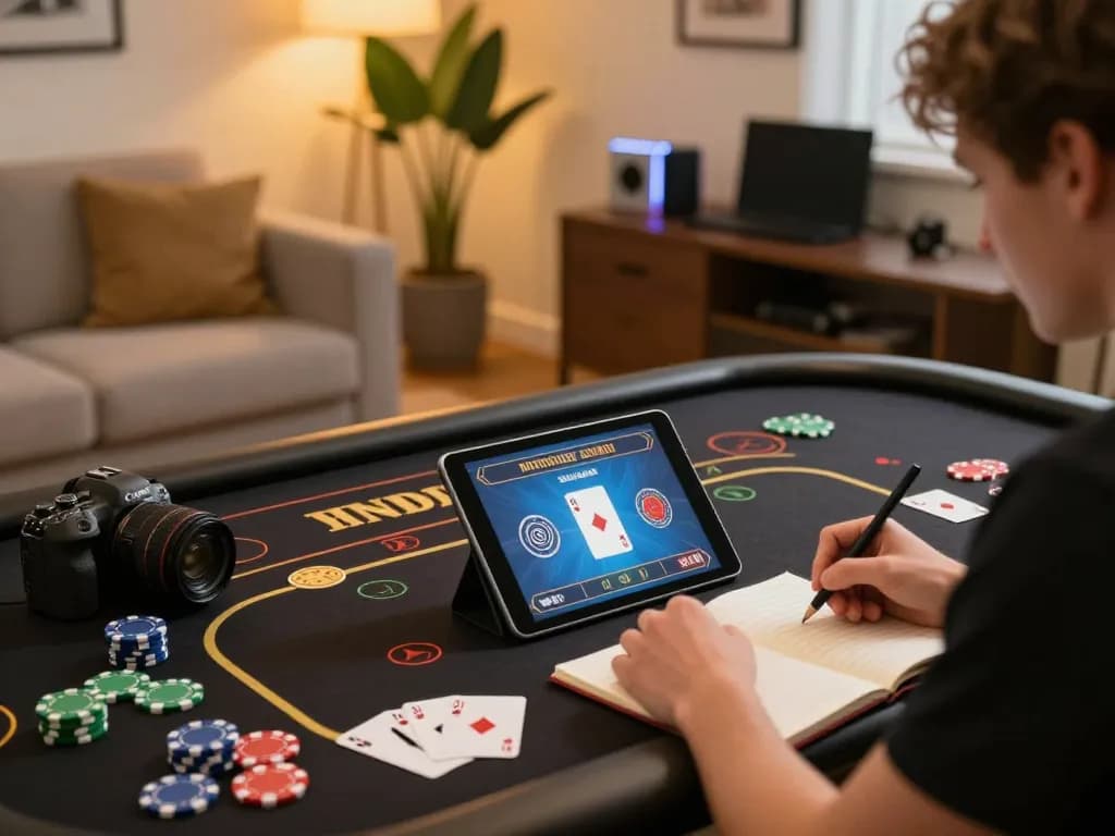 Pemain Bintangmpo menikmati permainan online di tablet dalam suasana rumah yang nyaman, menunjukkan kebiasaan bermain yang bertanggung jawab.